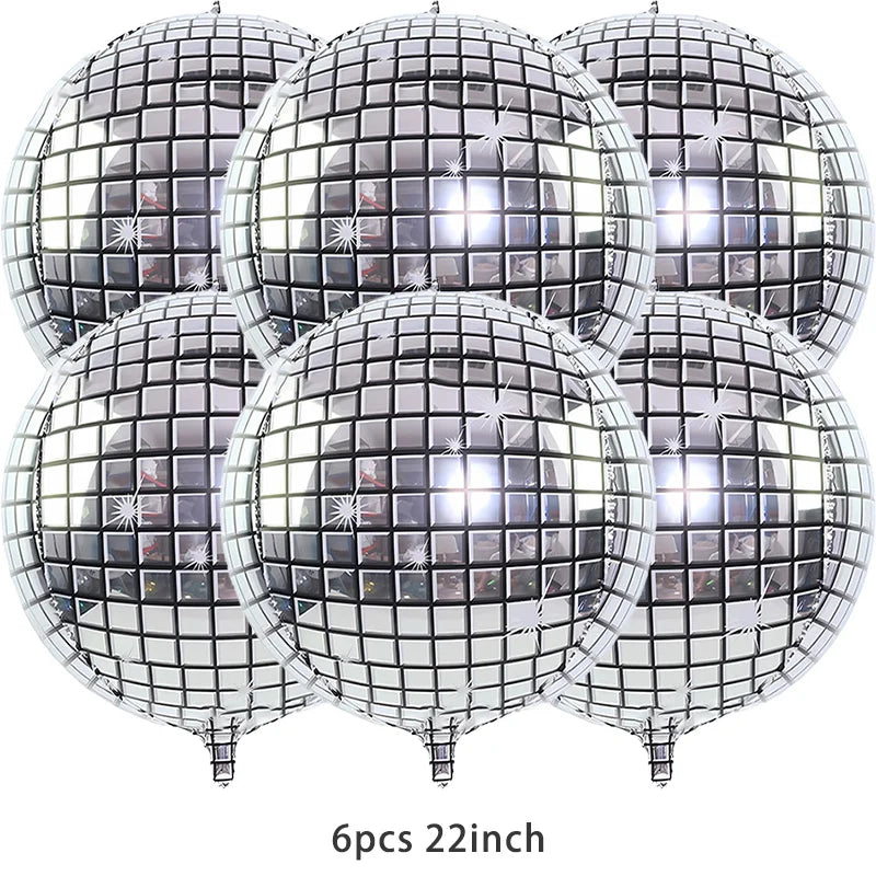 A set of six metallic silver disco ball balloons, 22 inches each.
