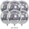 A set of six metallic silver disco ball balloons, 22 inches each.