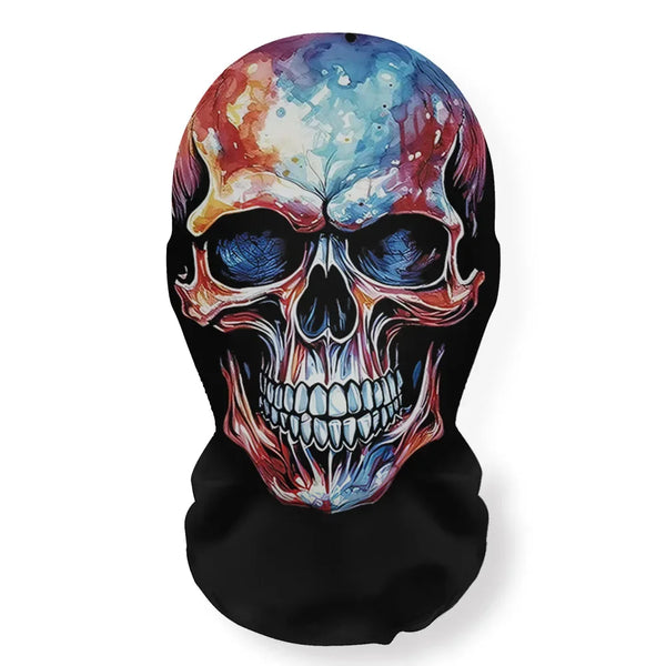 A colorful, artistic skull face mask with vibrant blues, reds, and purples on a black mesh hood.
