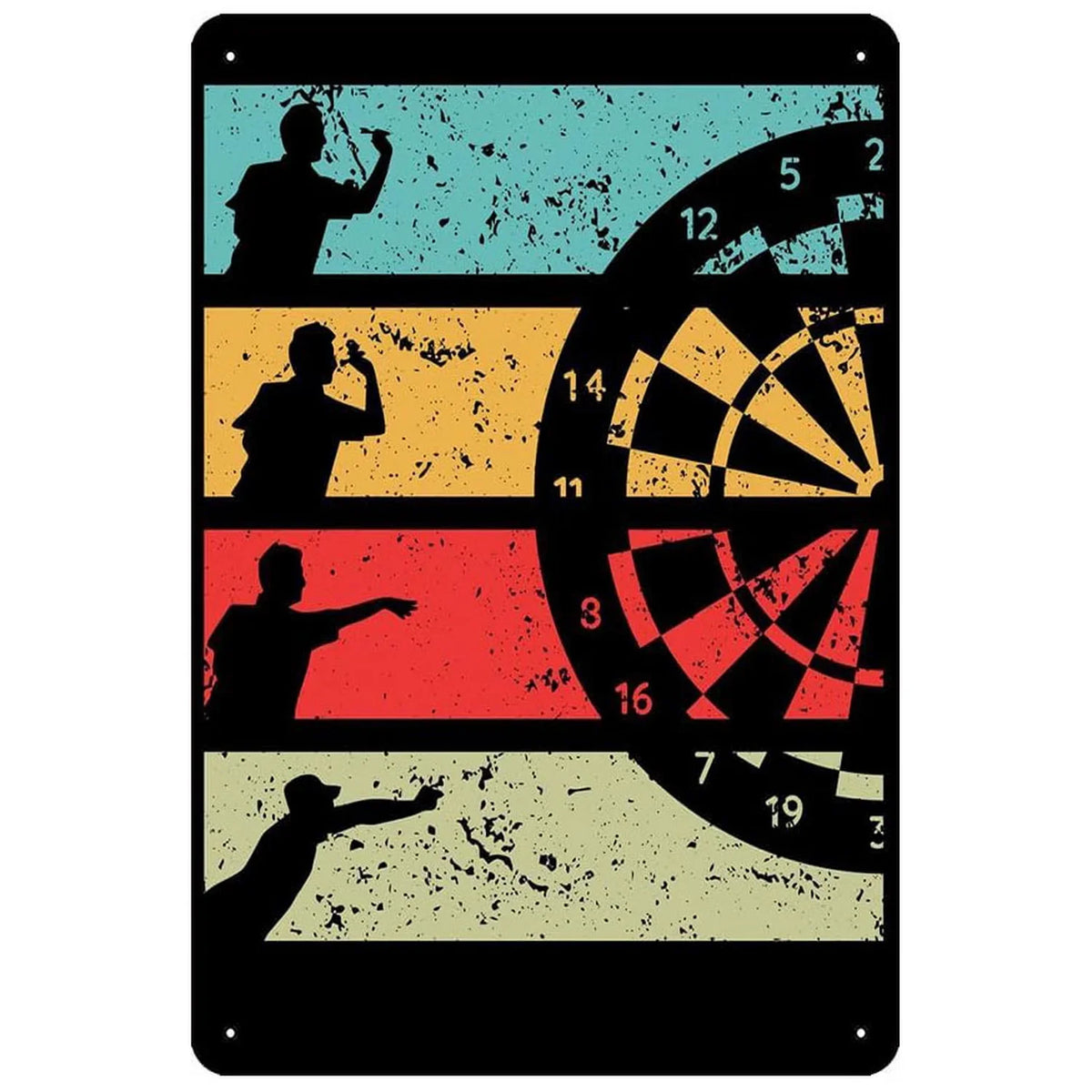 Vintage metal sign featuring a dartboard design with numbered segments and a silhouette of a person.
