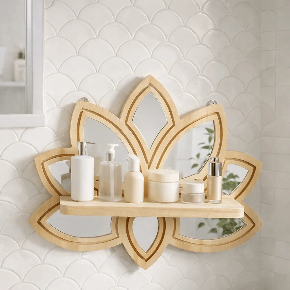 A decorative wooden lotus floating shelf with a mirror displaying various white glass and ceramic beauty products.