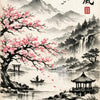A traditional Japanese ink painting featuring pink cherry blossoms, mountains, and a waterfall.