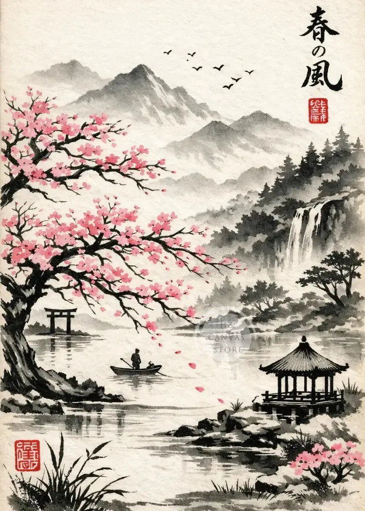 A traditional Japanese ink painting featuring pink cherry blossoms, mountains, and a waterfall.