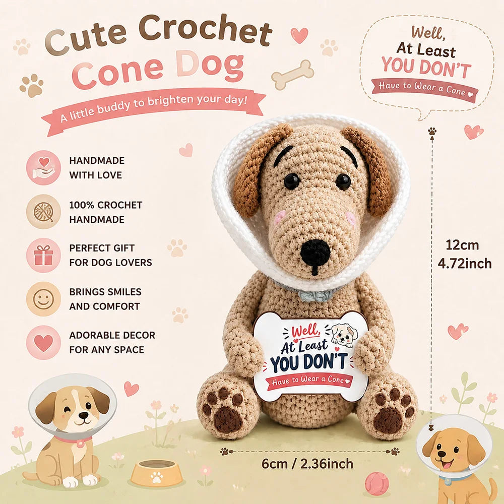 A handmade crochet cone dog doll with an inspirational card, featuring soft brown fur and a white mesh collar.