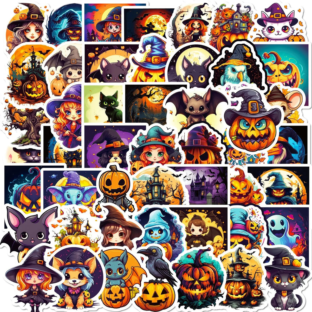A collection of various Halloween-themed stickers featuring witches, pumpkins, cats, and spooky characters.