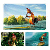 A vibrant, feathered chicken with a flag is shown surfing on the water.