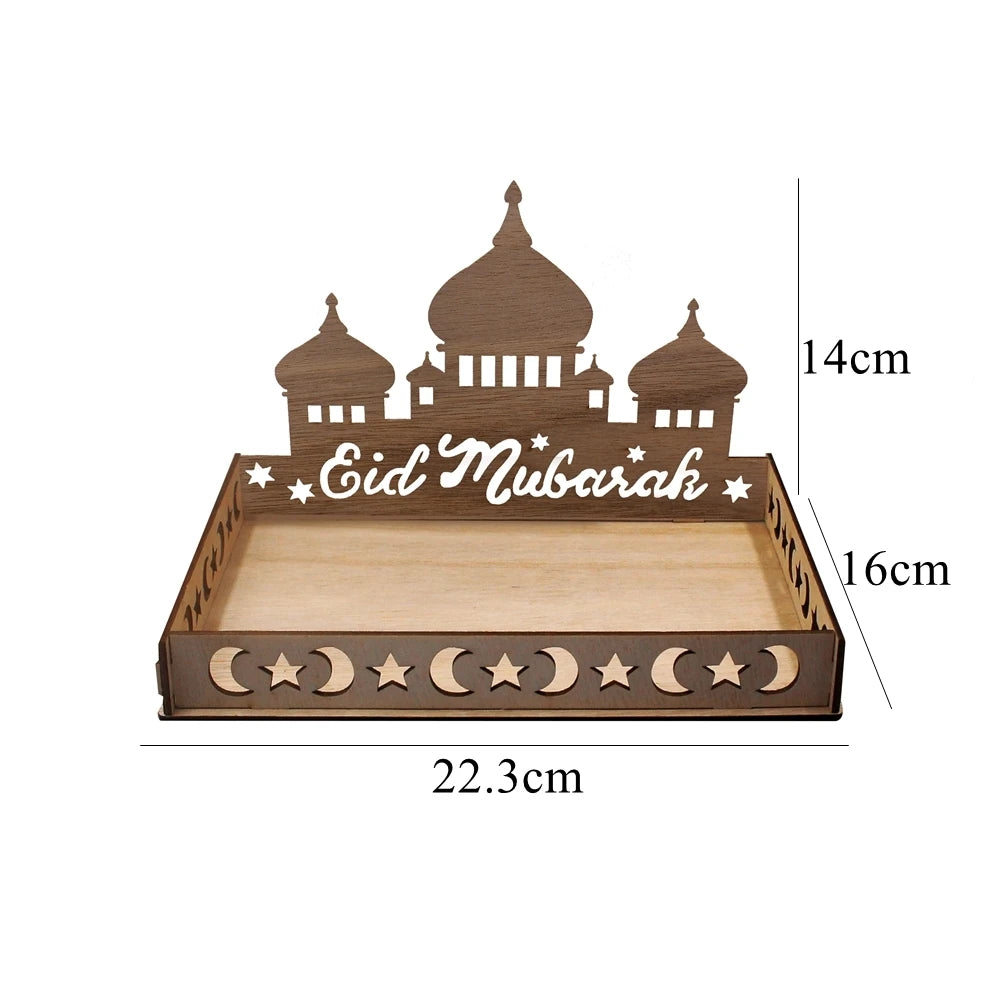 Bandeja de madera decorada con motivo de Eid Mubarak que presenta cúpulas y estrellas.