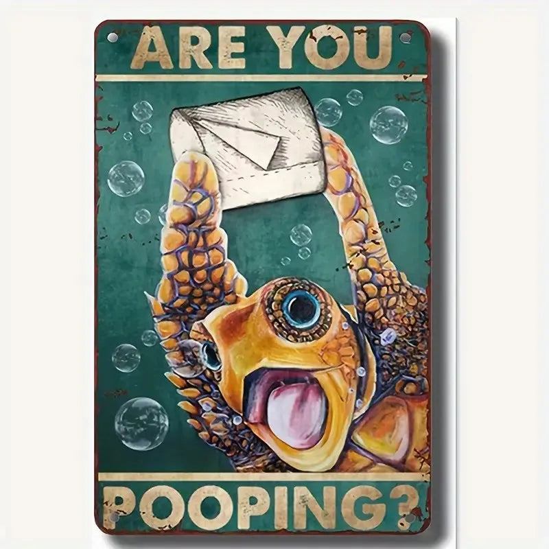 Vintage Metall-Badezimmerwandtafel mit karikierter, lächelnder Gesichts und dem Text: ARE YOU POOPING?