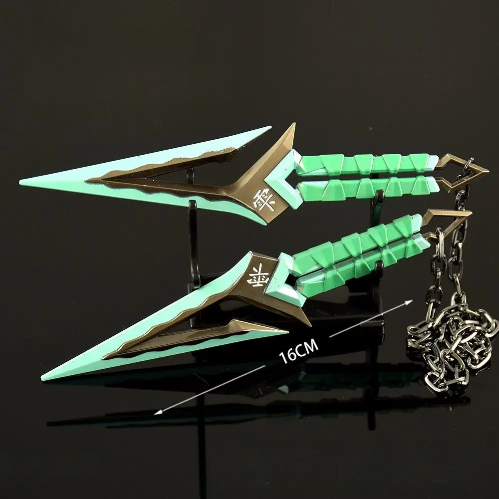 A full-size replica katana prop with a green blade and gold accents displayed on a black surface.