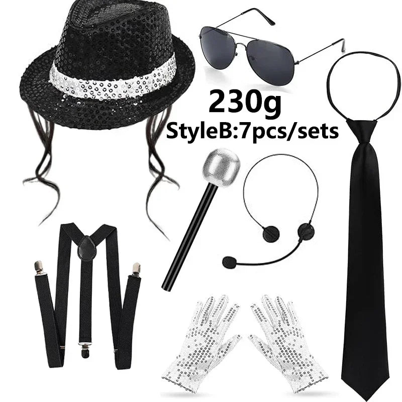 A set of sparkly sequin disco hat, sunglasses, and tie with gloves for kids