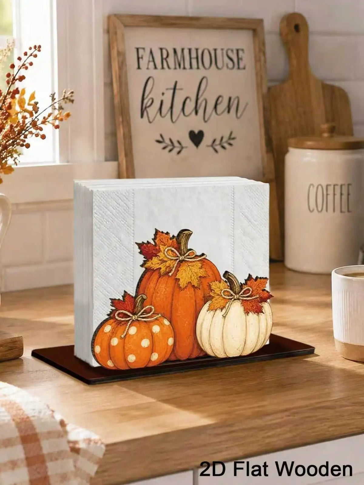 Wooden Autumn Napkin Holder with Pumpkin & Maple Leaf Design