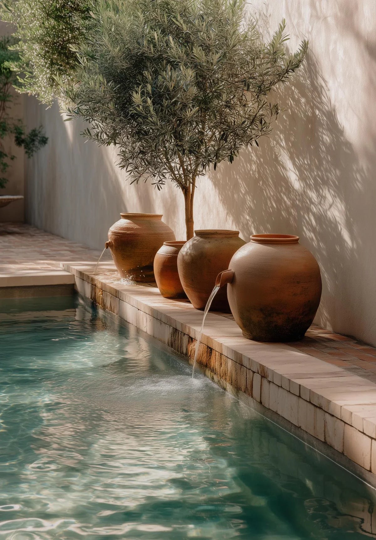 Terracotta pots with water spouts rest on a stone ledge beside a clear pool, shaded by an olive tree.