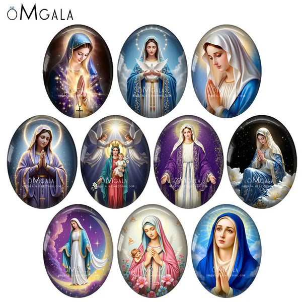 A collection of religious art glass cabochons depicting various saints and figures.