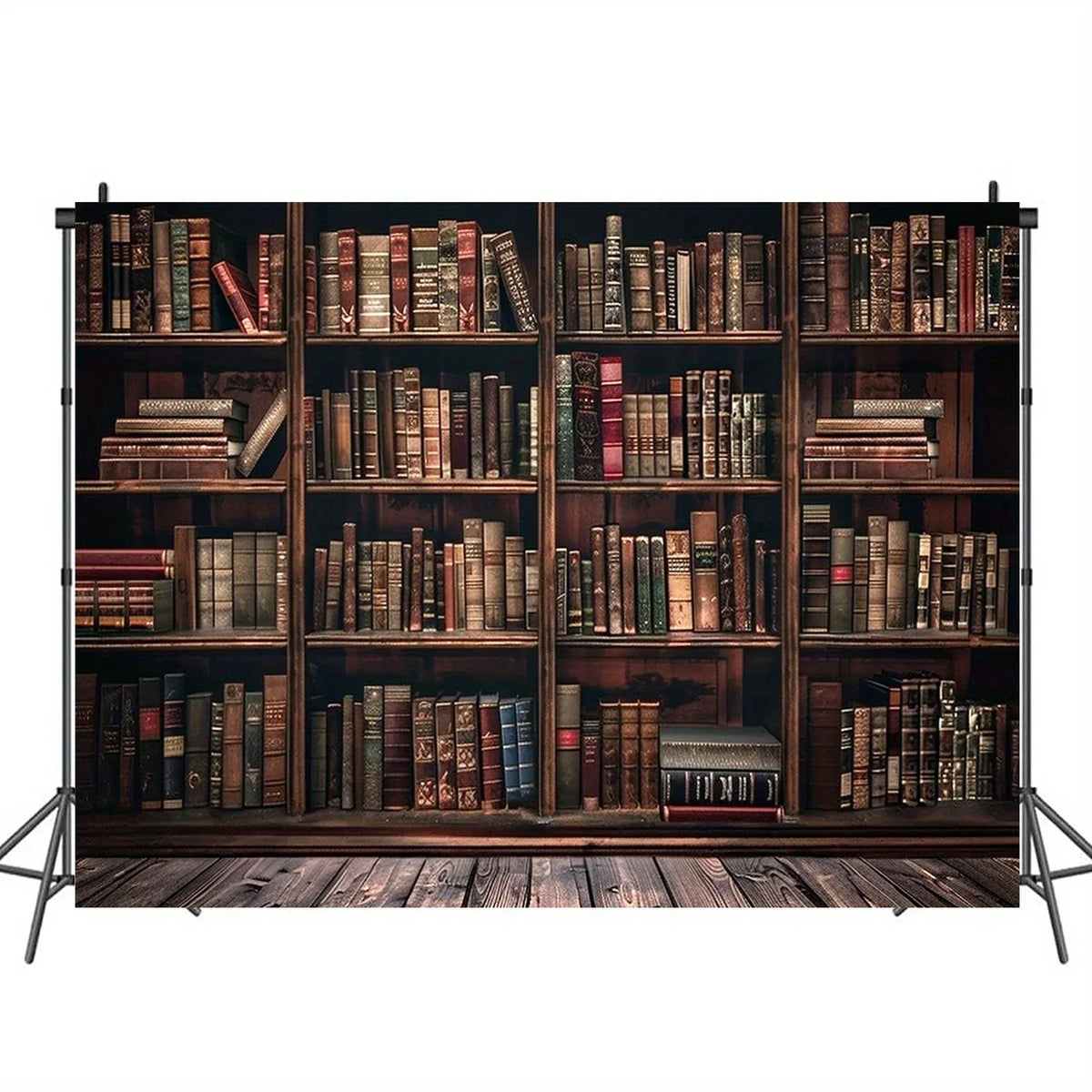 A dark wooden bookshelf filled with numerous old books, used as a library background banner.