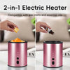 A pink electric heater designed for wax melts and essential oils, shown with hands demonstrating its use.