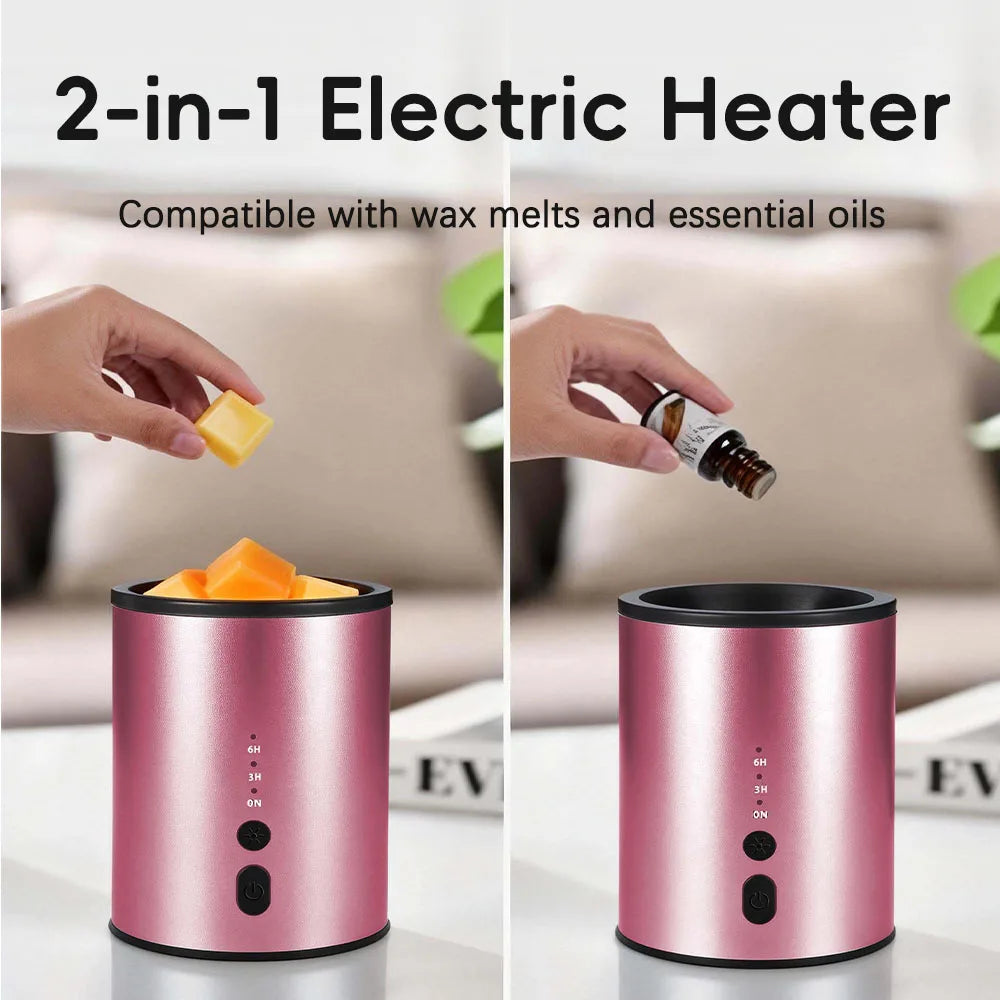 A pink electric heater designed for wax melts and essential oils, shown with hands demonstrating its use.