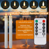 A multi-function remote control for LED taper candles, showing the remote and five gears, next to two white candles.