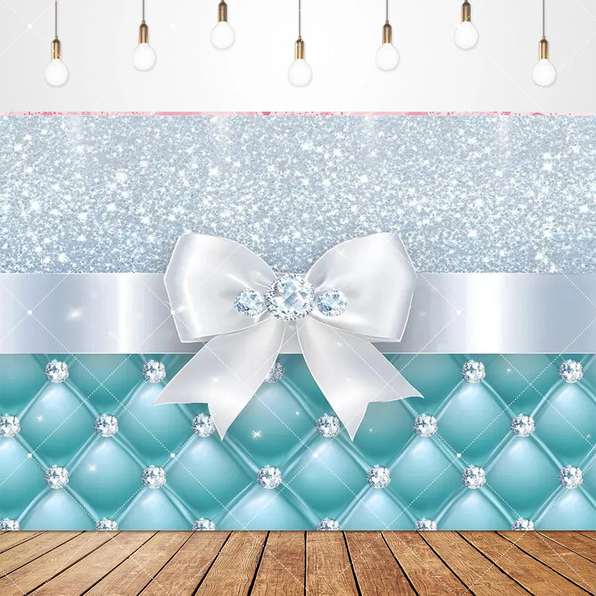 A light blue and silver glitter backdrop featuring a white bow tie design for a birthday party.