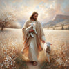 A painting depicting Jesus walking through a field of white flowers, holding a lamb.