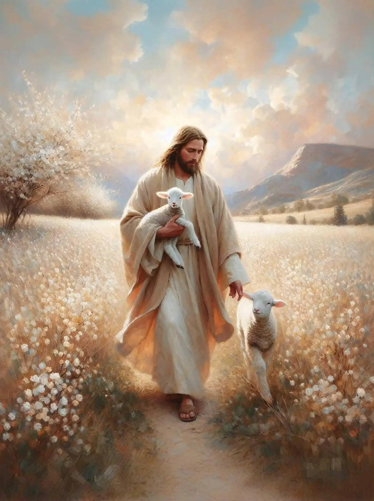 A painting depicting Jesus walking through a field of white flowers, holding a lamb.