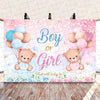 Pink and blue gender reveal banner featuring teddy bear balloons and text asking Boy or Girl