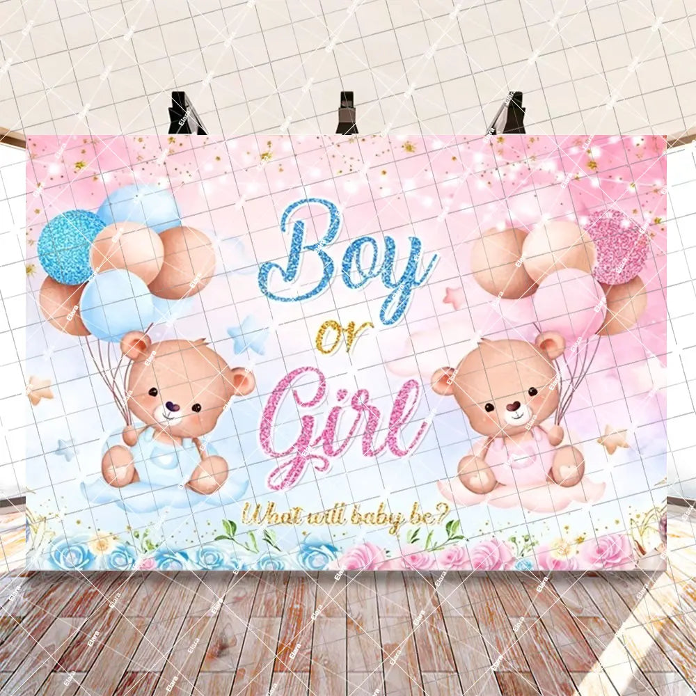 Pink and blue gender reveal banner featuring teddy bear balloons and text asking Boy or Girl