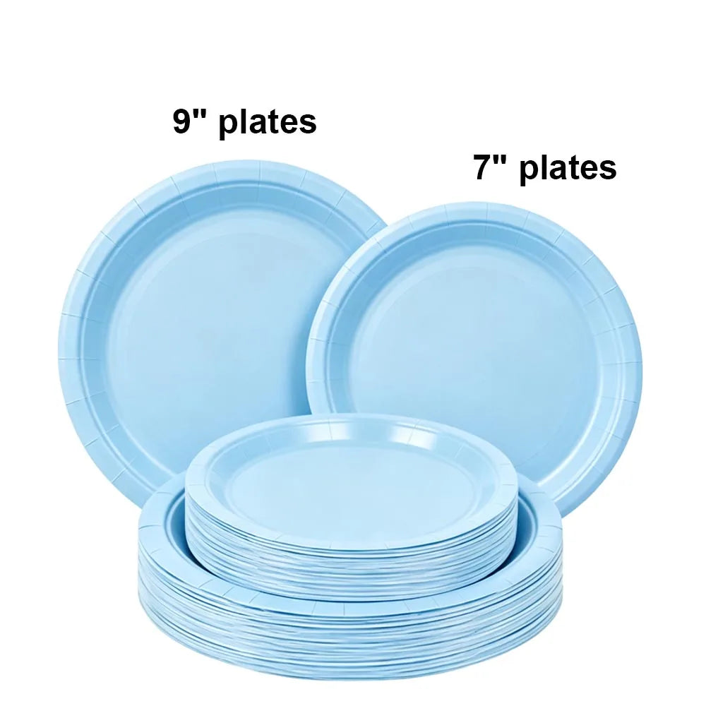 A stack of light blue disposable paper plates, including 7 inch and 9 inch round plates.