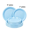 A stack of light blue disposable paper plates, including 7 inch and 9 inch round plates.