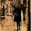 A vintage-style movie poster featuring a person holding an umbrella on a wet street with a metro sign visible.