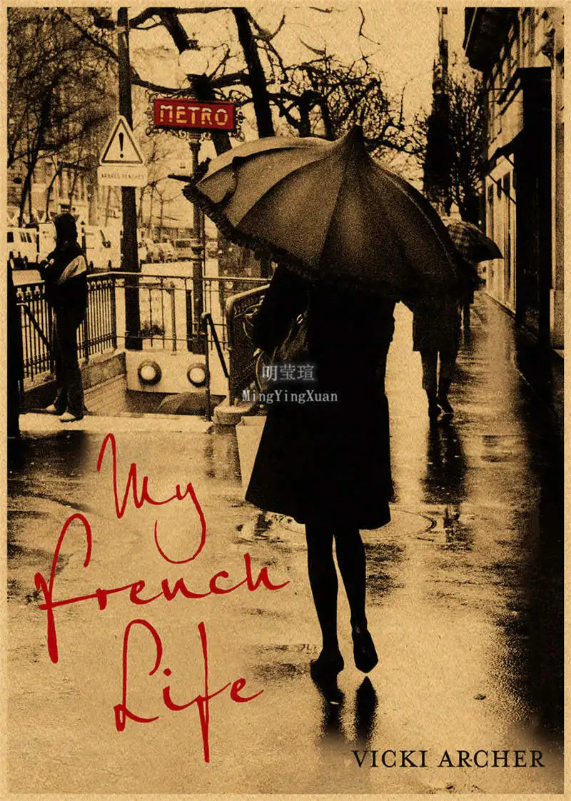 A vintage-style movie poster featuring a person holding an umbrella on a wet street with a metro sign visible.