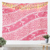 Pink leopard print tapestry wall hanging featuring white glitter accents and bow details.
