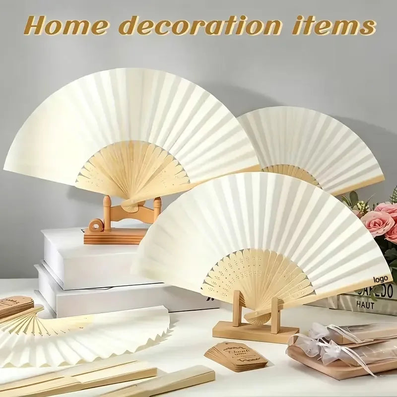 A display of light beige bamboo folding fans used for home decoration and calligraphy