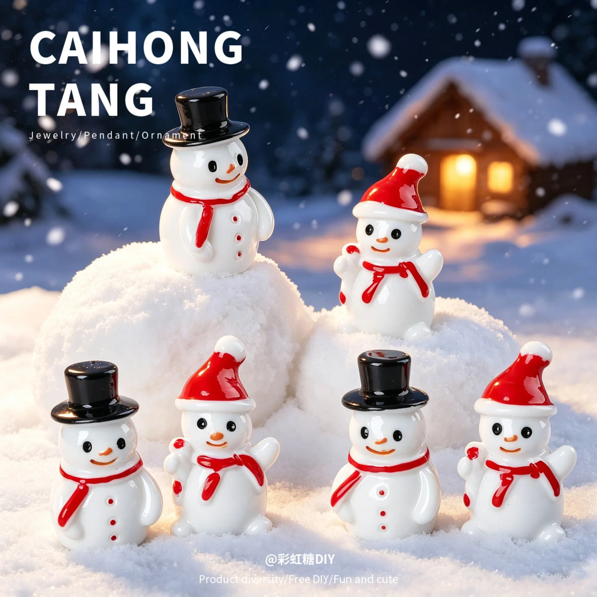 A collection of white and red resin snowman figurines standing on snow in a winter setting.