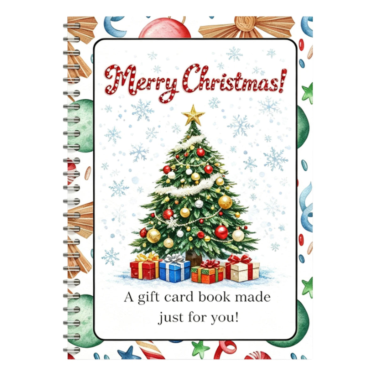 A festive Christmas card featuring a decorated green tree with ornaments and wrapped gifts on a white background.