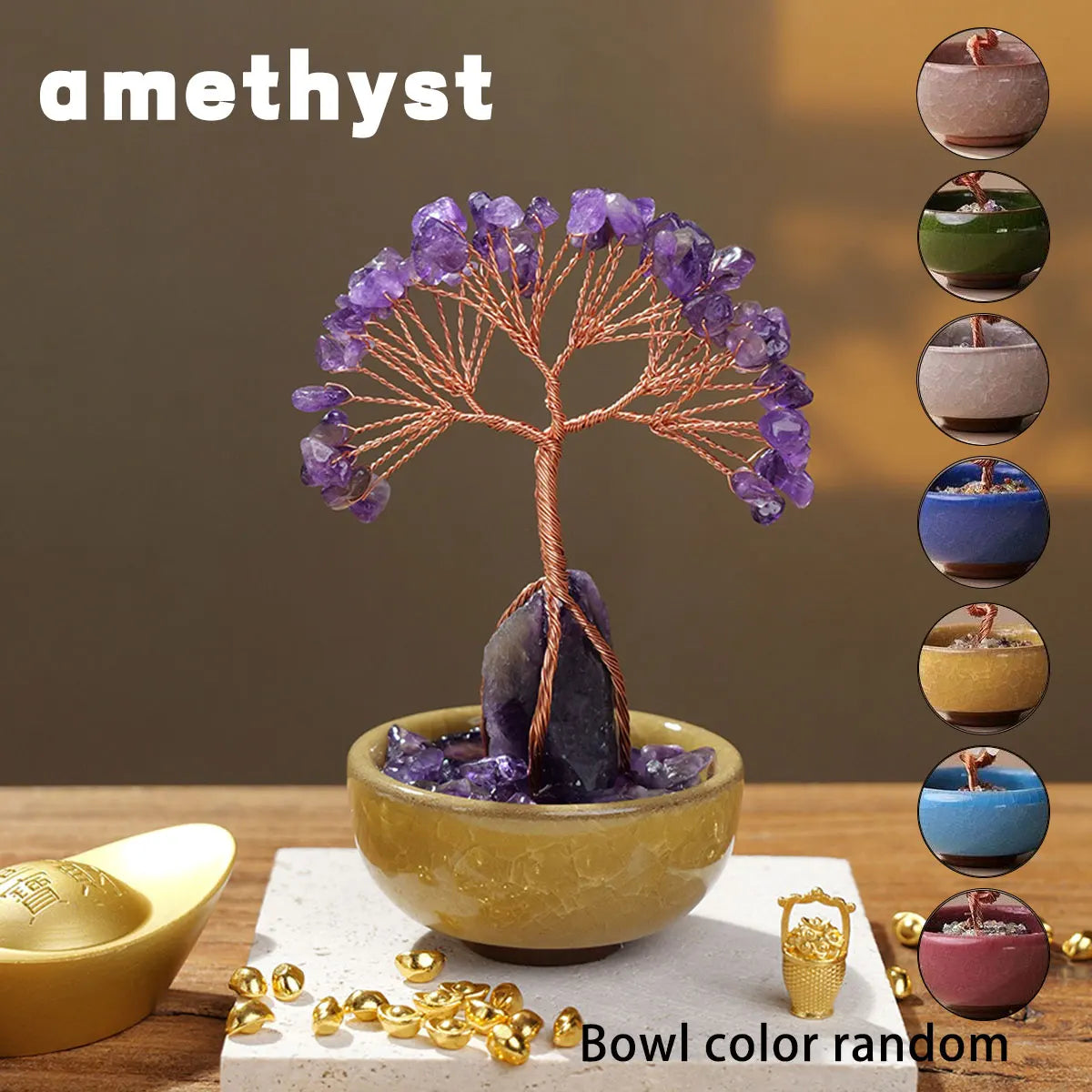 A crystal money tree with a rose quartz base and purple crystals displayed in a bowl.