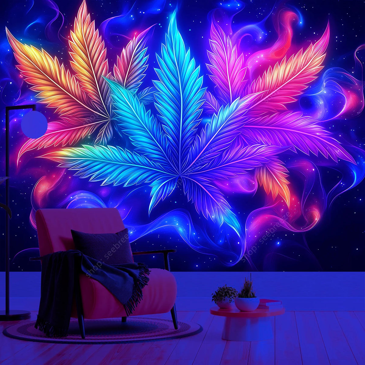 A vibrant neon cannabis leaf tapestry hangs against a dark blue, starry background.