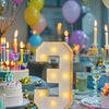 A glowing white LED marquee number 3 sign sits on a table surrounded by colorful balloons and celebratory decorations.