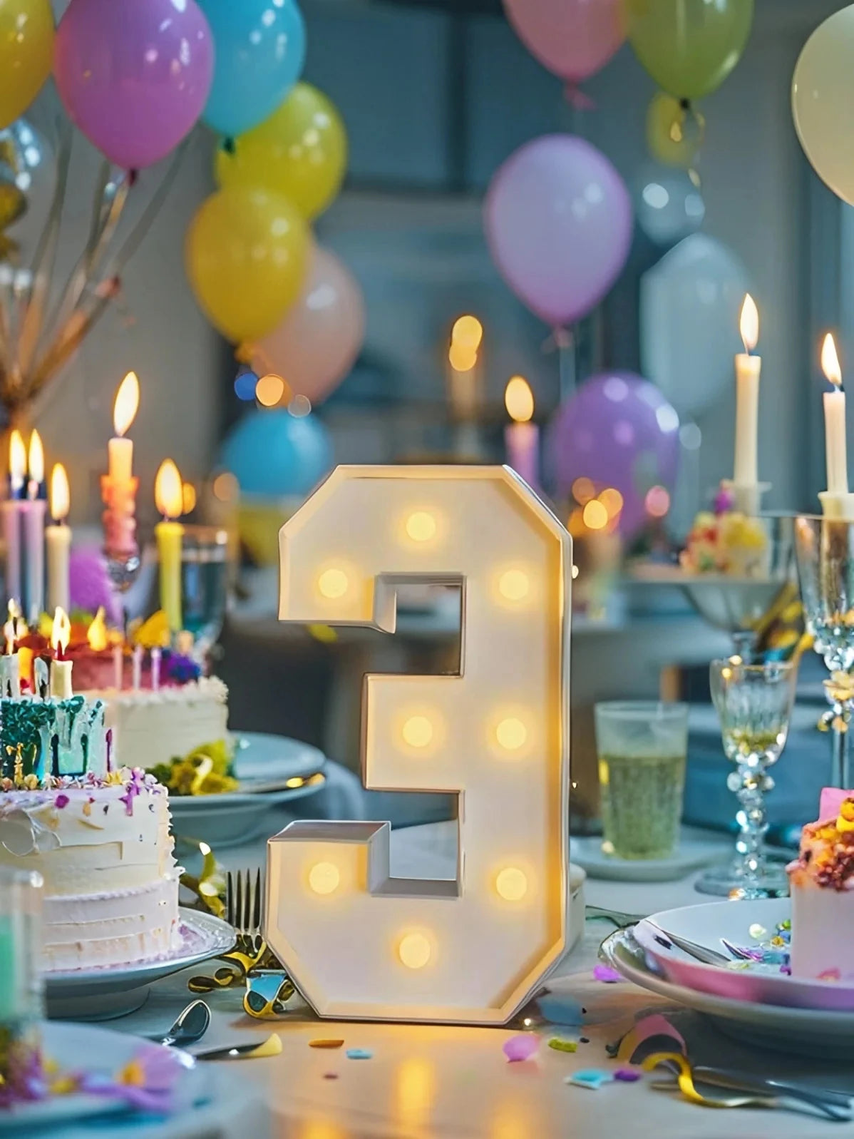 A glowing white LED marquee number 3 sign sits on a table surrounded by colorful balloons and celebratory decorations.