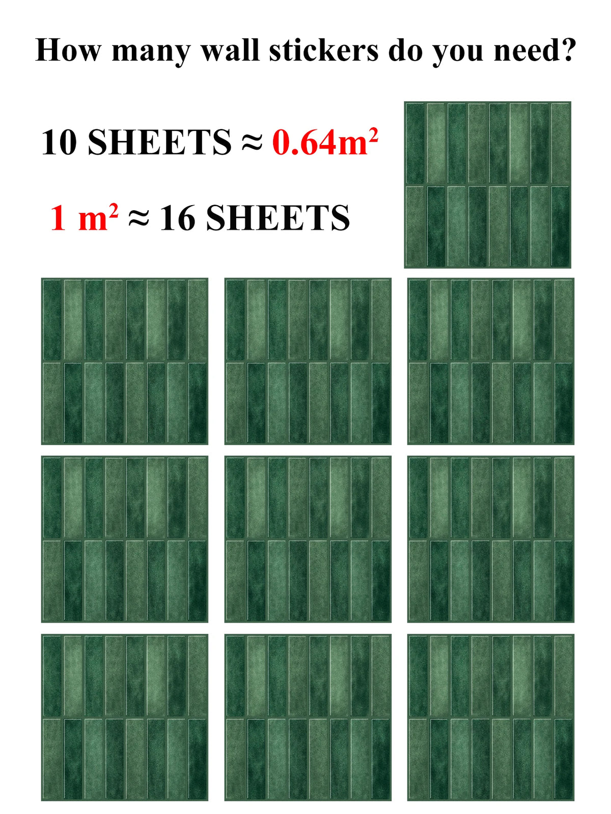 A grid of dark green peel-and-stick waterproof wall tiles for kitchen and bathroom backsplashes.