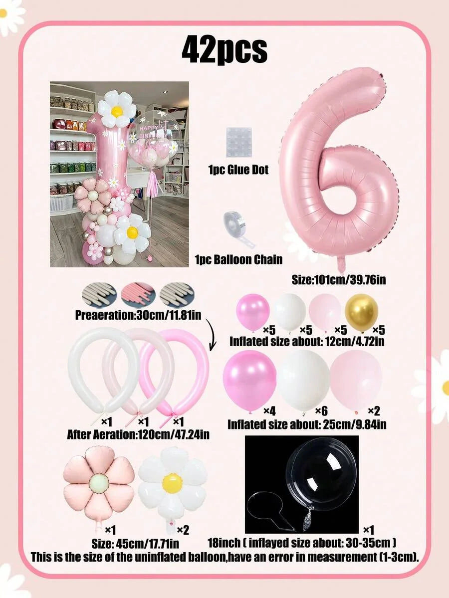 A set of 42 pillar balloons in pink and white colors including a number six balloon and various sizes
