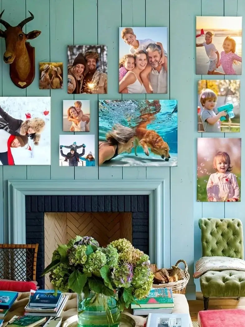 A custom photo canvas print featuring a family portrait displayed on a light blue wall.