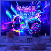 UV reactive game controller tapestry featuring a glowing purple and blue controller in a dark gaming room setting