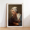 A painting of a woman with white fabric covering her hair and shoulder, looking thoughtfully to the side.