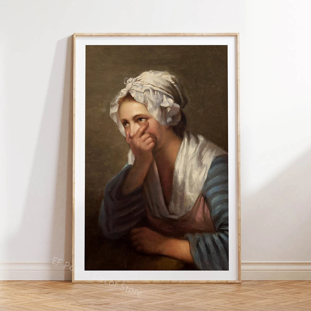 A painting of a woman with white fabric covering her hair and shoulder, looking thoughtfully to the side.