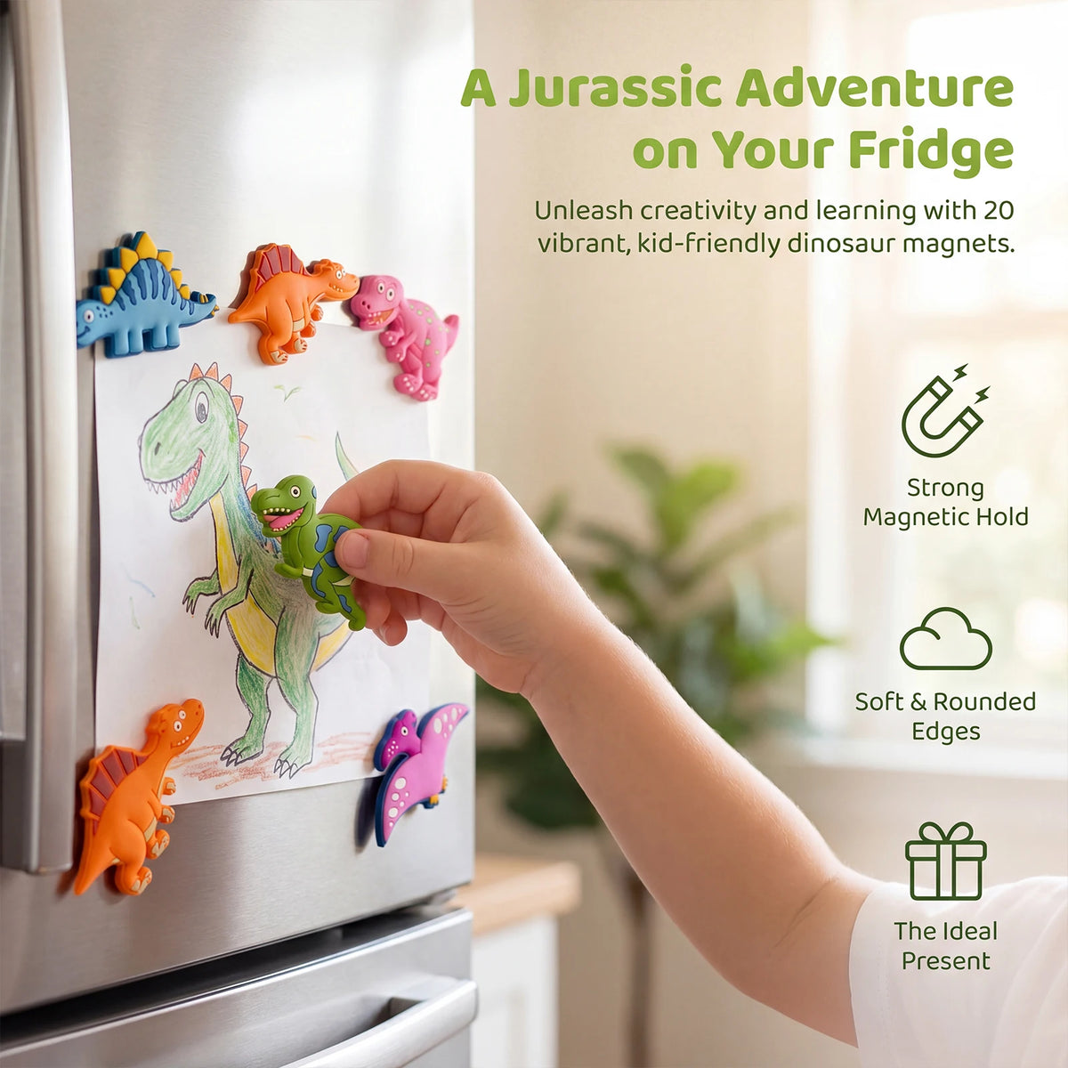 A hand places colorful dinosaur magnets on a refrigerator, demonstrating strong magnetic hold and soft edges.