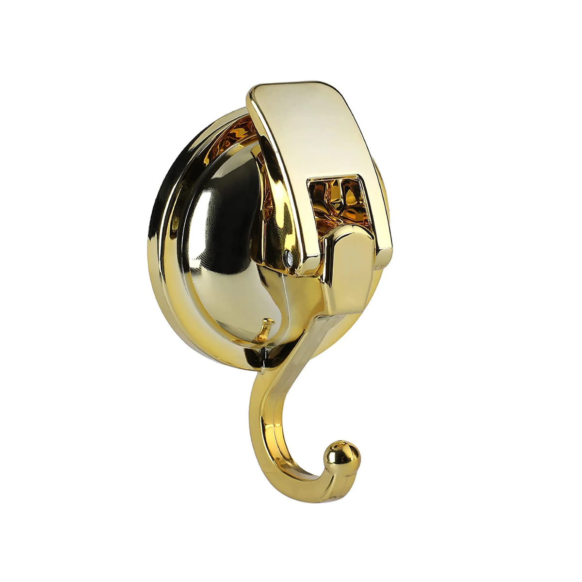 A gold-colored heavy duty reusable suction cup hook with a curved handle.