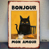 Panneau d'art mural vintage français, silhouette de chat noir sur fond jaune avec le texte Bonjour mon amour