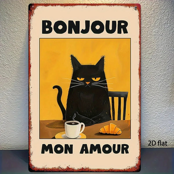 Vintage französisches Metallwandkunstschild mit schwarzer Katzen-Silhouette vor gelbem Hintergrund und dem Text Bonjour mon a