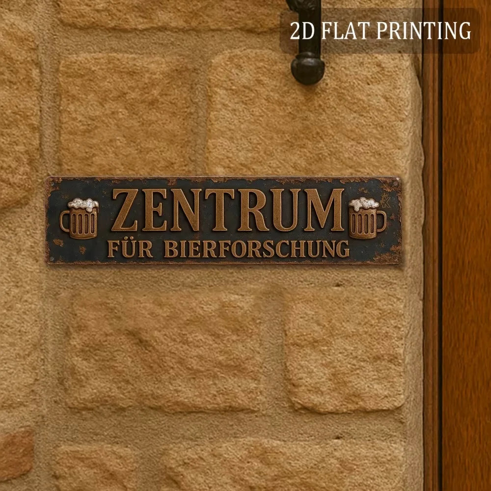 A dark metal sign with the text ZENTRUM FÜR BIERFORSCHUNG is mounted on a light stone wall.