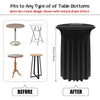 Black stretch spandex cocktail tablecloth shown before and after fitting on various table bottoms.